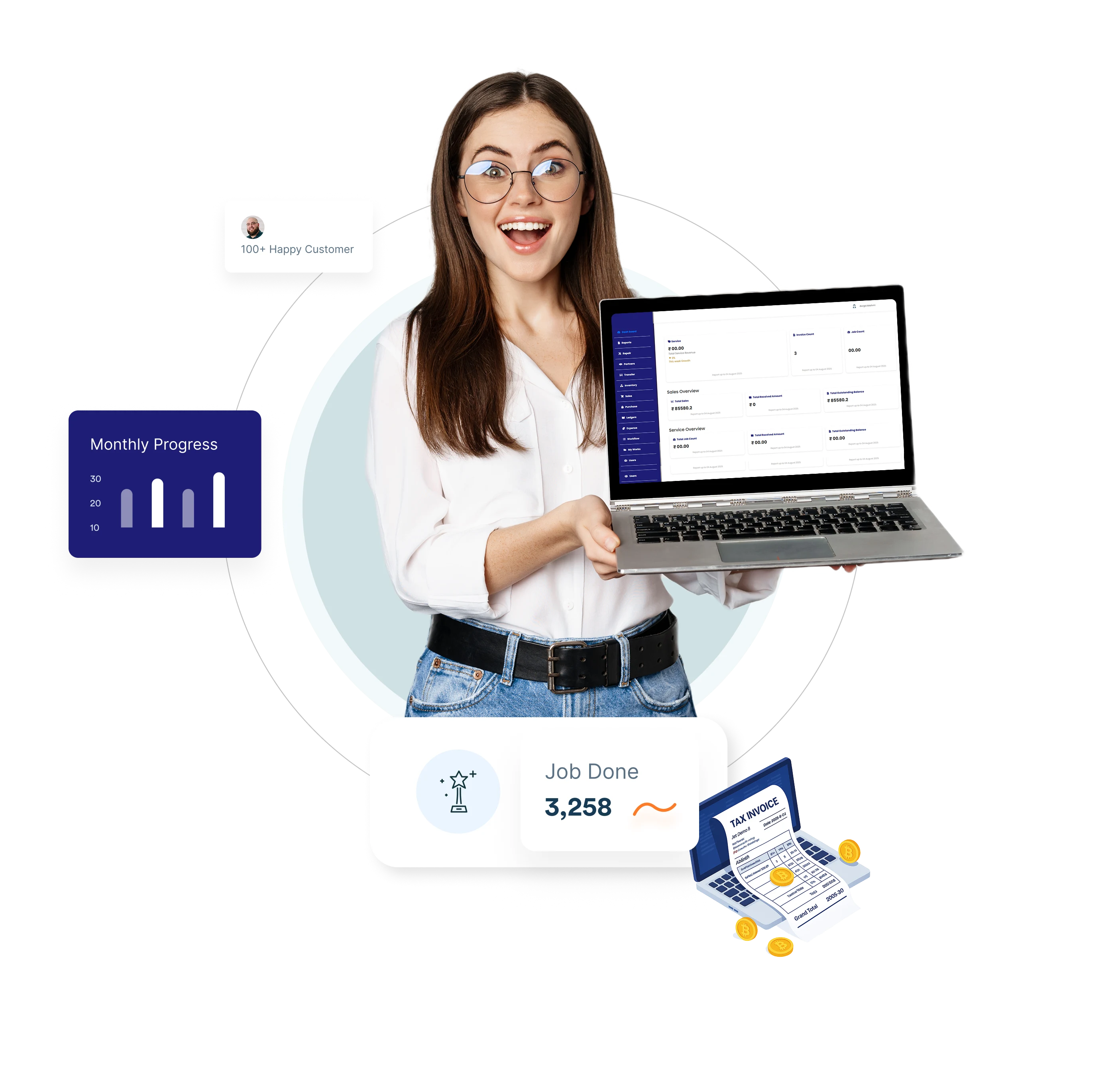 Jet Pack dashboard showing key features like managing repair jobs, worker assignment, and inventory control in a symbolic and accessible way.
