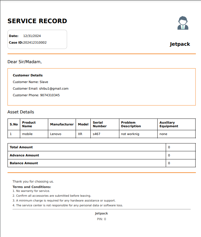 Job Sheet Preview of Jet Pack